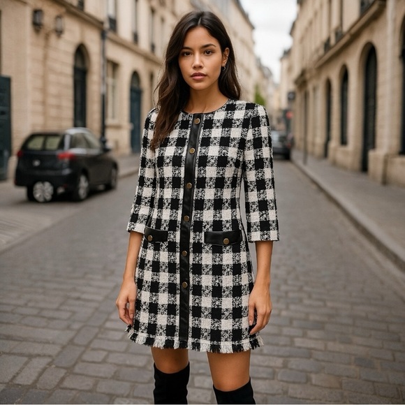 Zara TRF Black White Tweed Check Mini Dress NWT Size Small - Picture 2 of 13